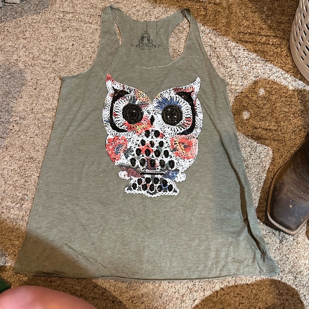 Bear Dance Olive Green Owl Graphic Tank Top